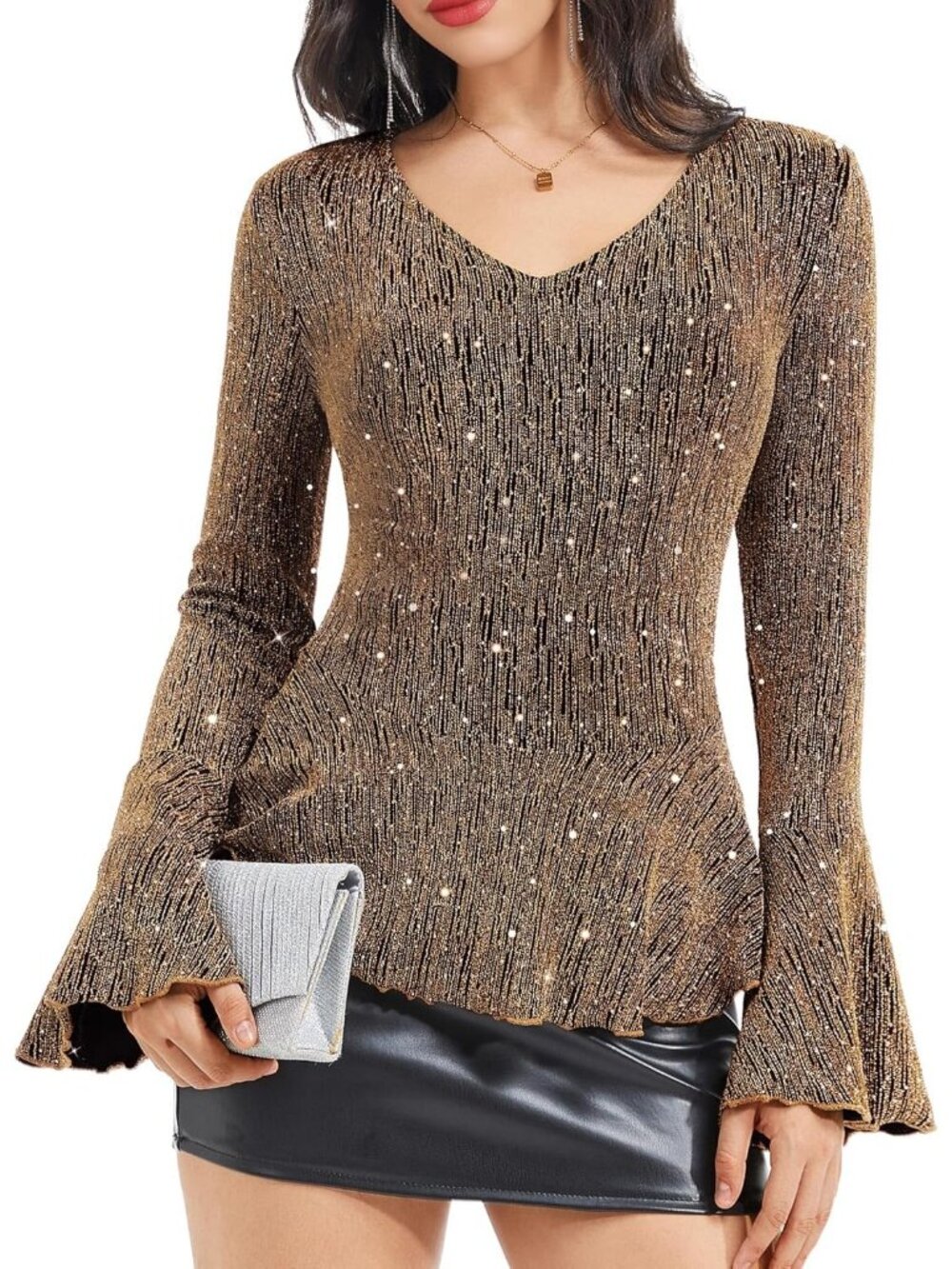 Women's Golden V Neck Ruffle Hem Sequin Glitter Blouses Long Sleeve Sparkly Tops